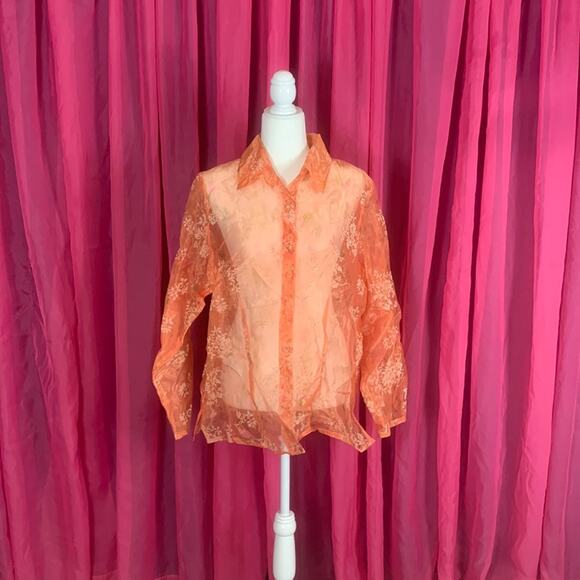 Vintage Selene Sport sheer orange sherbet button down blouse, 1X - Picture 1 of 6